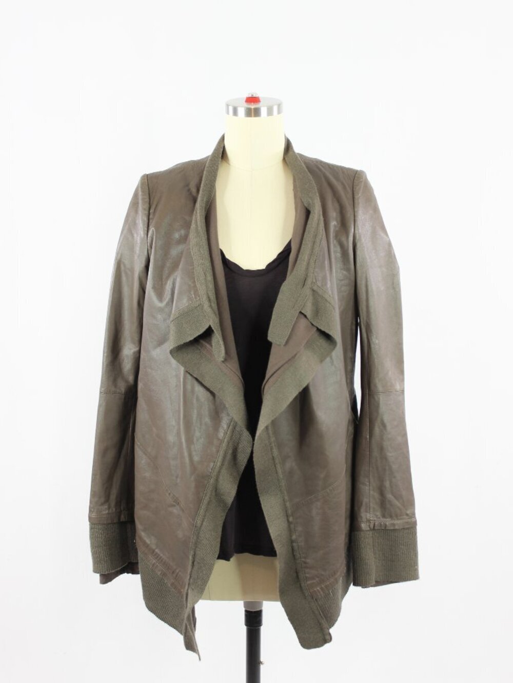 MACKAGE Taupe Brown Lamb Leather Knit Trim Draped Biker Jacket, Size XS